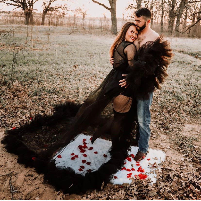 Luxury Floral Feather Robe with Dramatic Train