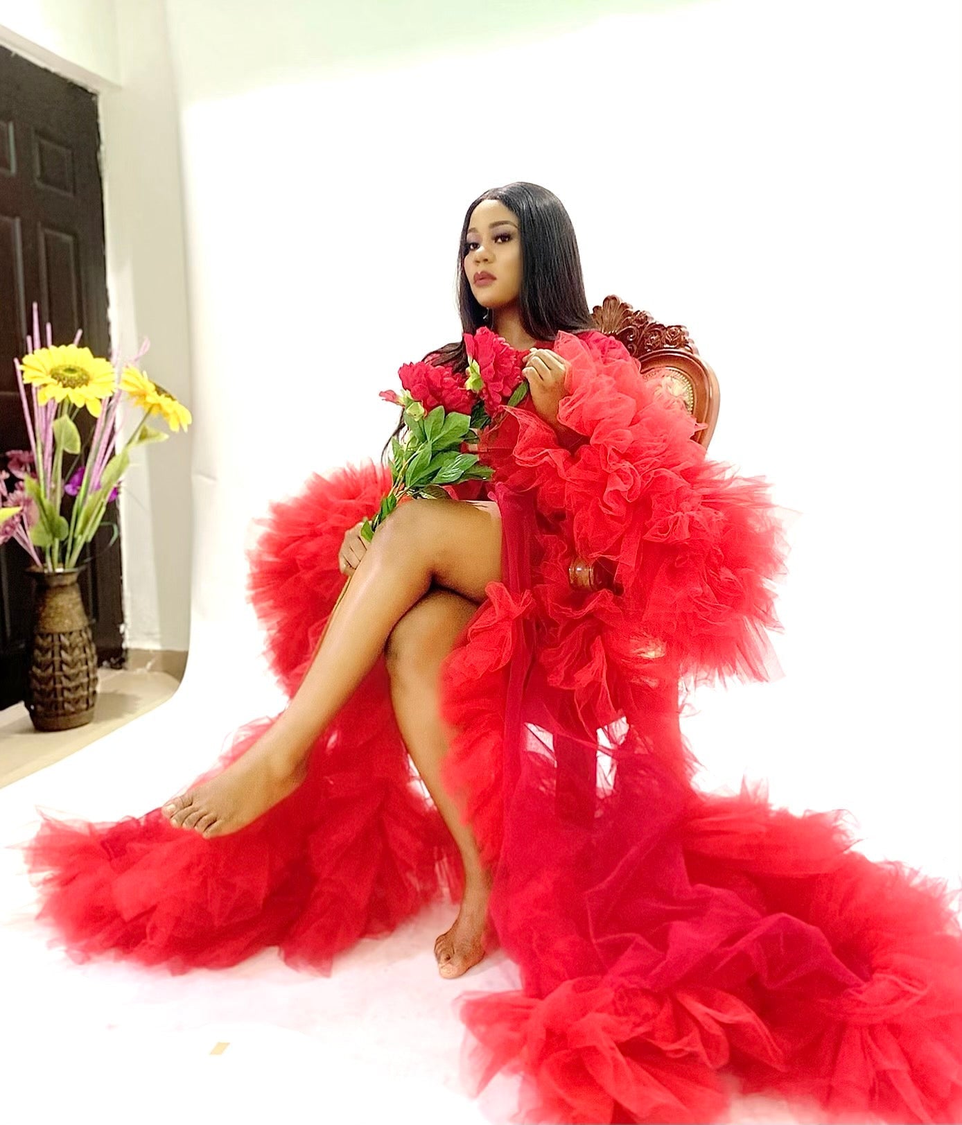 Luxury Floral Feather Robe with Dramatic Train