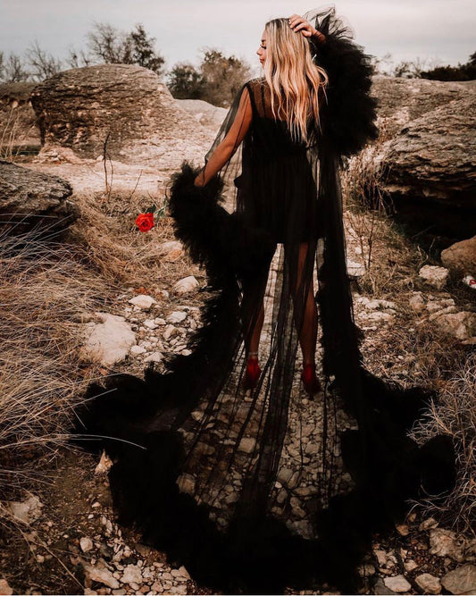 Luxury Floral Feather Robe with Dramatic Train